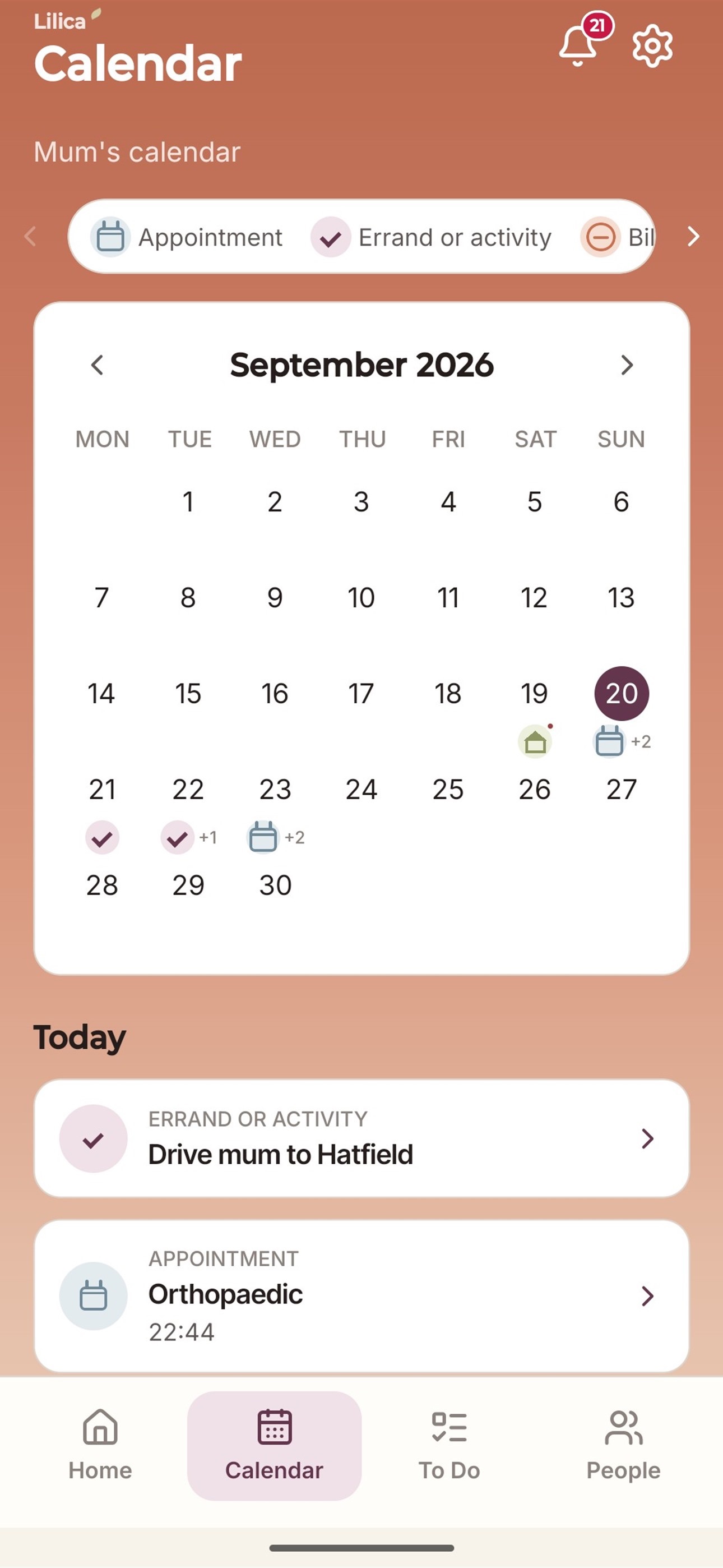 The Lilica Calendar screen