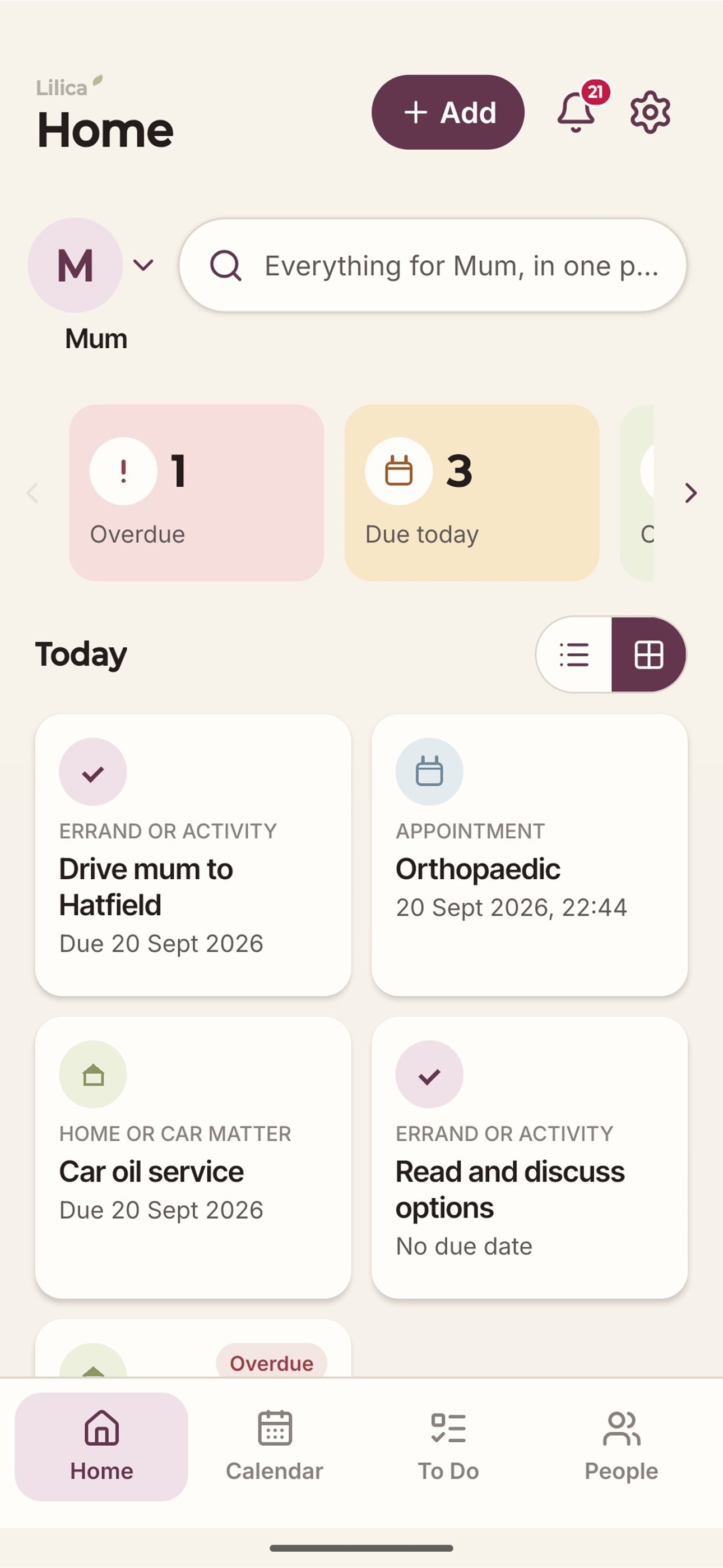 The Lilica Home screen, showing what is overdue, due today and coming up