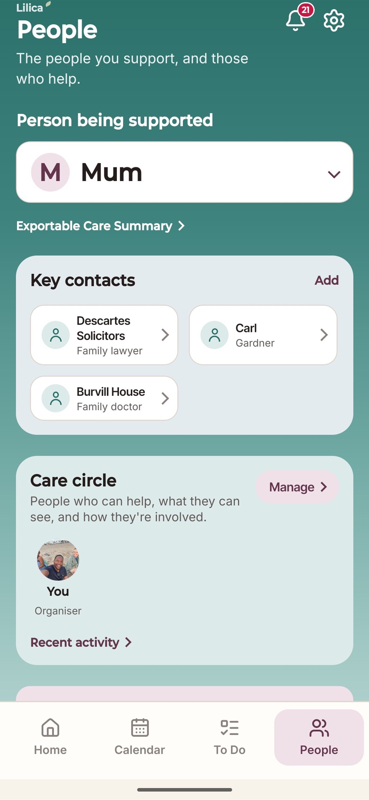 The Lilica Care Circle screen, showing who is helping